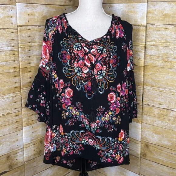 BILA BOUTIQUE FLORAL BELL SLEEVE FLOWY SOFT CRINKLE VINTAGE INSPIRED BLOUSE XL - Picture 1 of 3